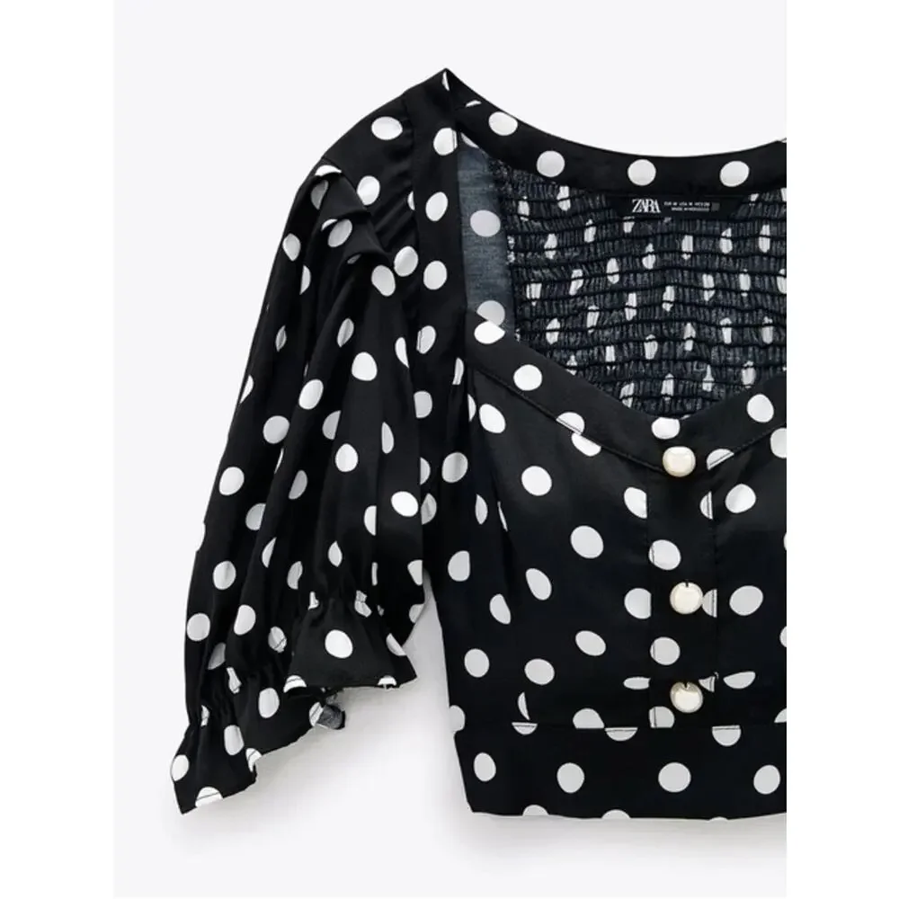 Zara Black White Polka Dot Faux Pearl Button Puff Sleeve Smocked Crop Top Small